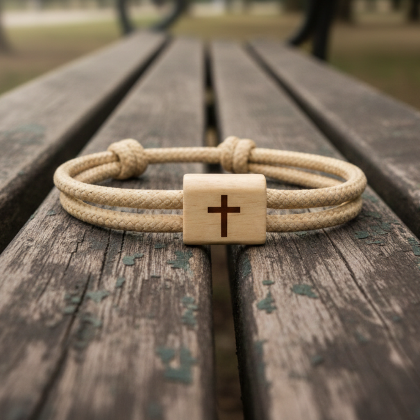 Bracelet Croix gravée sur Bois de Cerisier et Cordon Marin