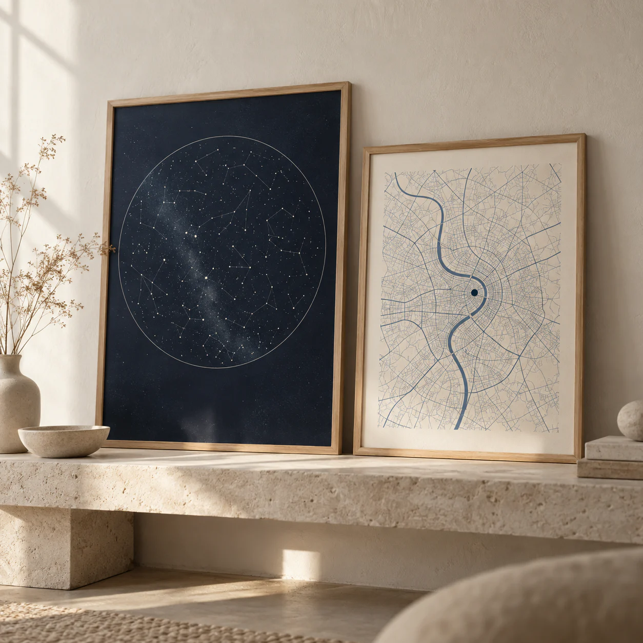 Deux affiches personnalisées encadrées, une carte du ciel et une carte de ville