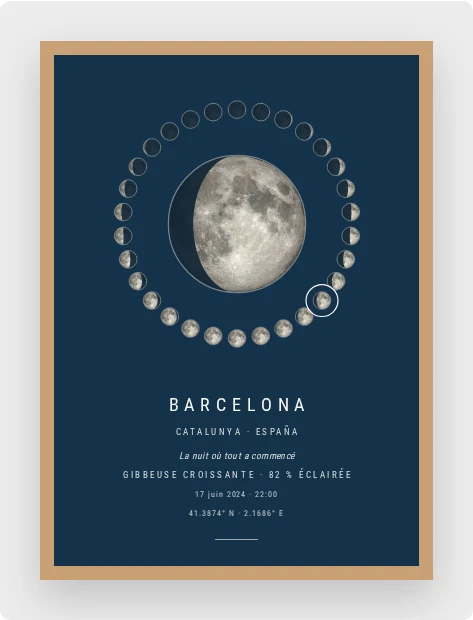 Affiche phase de lune encadrée en bois clair : la lune en gibbeuse croissante au centre, les vingt-neuf nuits de la lunaison en anneau autour, sous « Barcelona · Catalunya · España », la dédicace « La nuit où tout a commencé », la date et les coordonnées