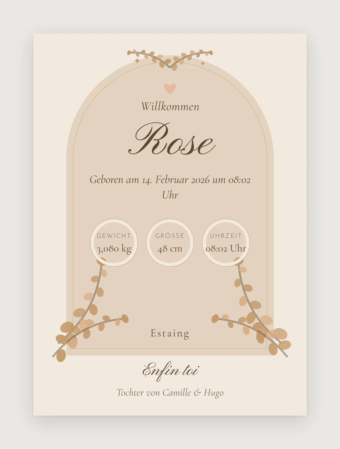 Geburtsposter mit Blumenbogen: der Name „Rose“ in Schreibschrift, Datum und Uhrzeit, drei Medaillons für Gewicht, Größe und Uhrzeit, der Ort und ganz unten die Zeile „Endlich du“
