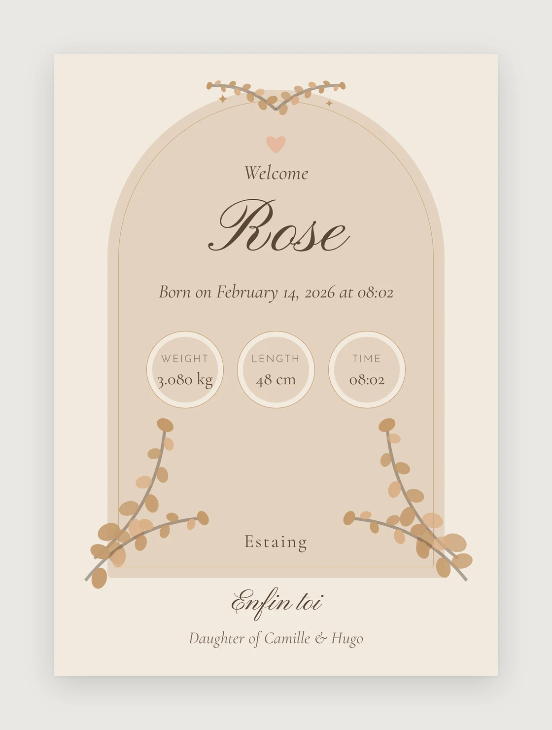 Birth poster with a floral arch: the name “Rose” in script, the date and hour, three medallions for weight, length and time, the town, and at the very bottom the line “At last, you”