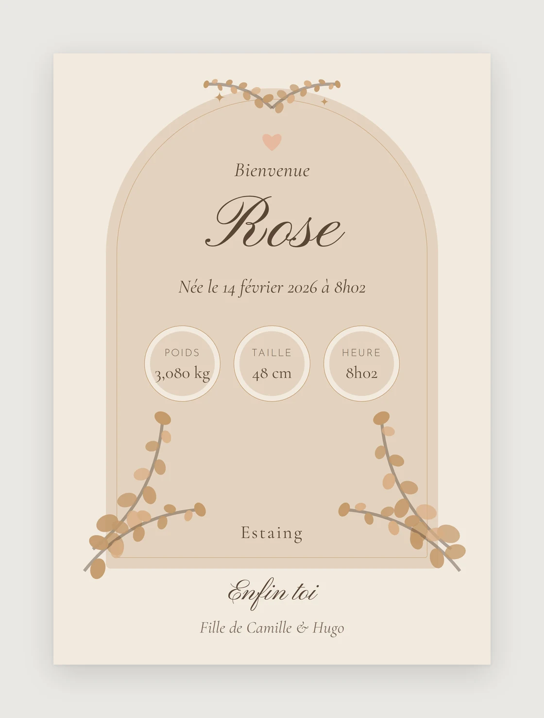 Affiche de naissance à l’arche fleurie : le prénom « Rose » en anglaise, la date et l’heure, trois médaillons pour le poids, la taille et l’heure, le lieu, et tout en bas la phrase « Enfin toi »