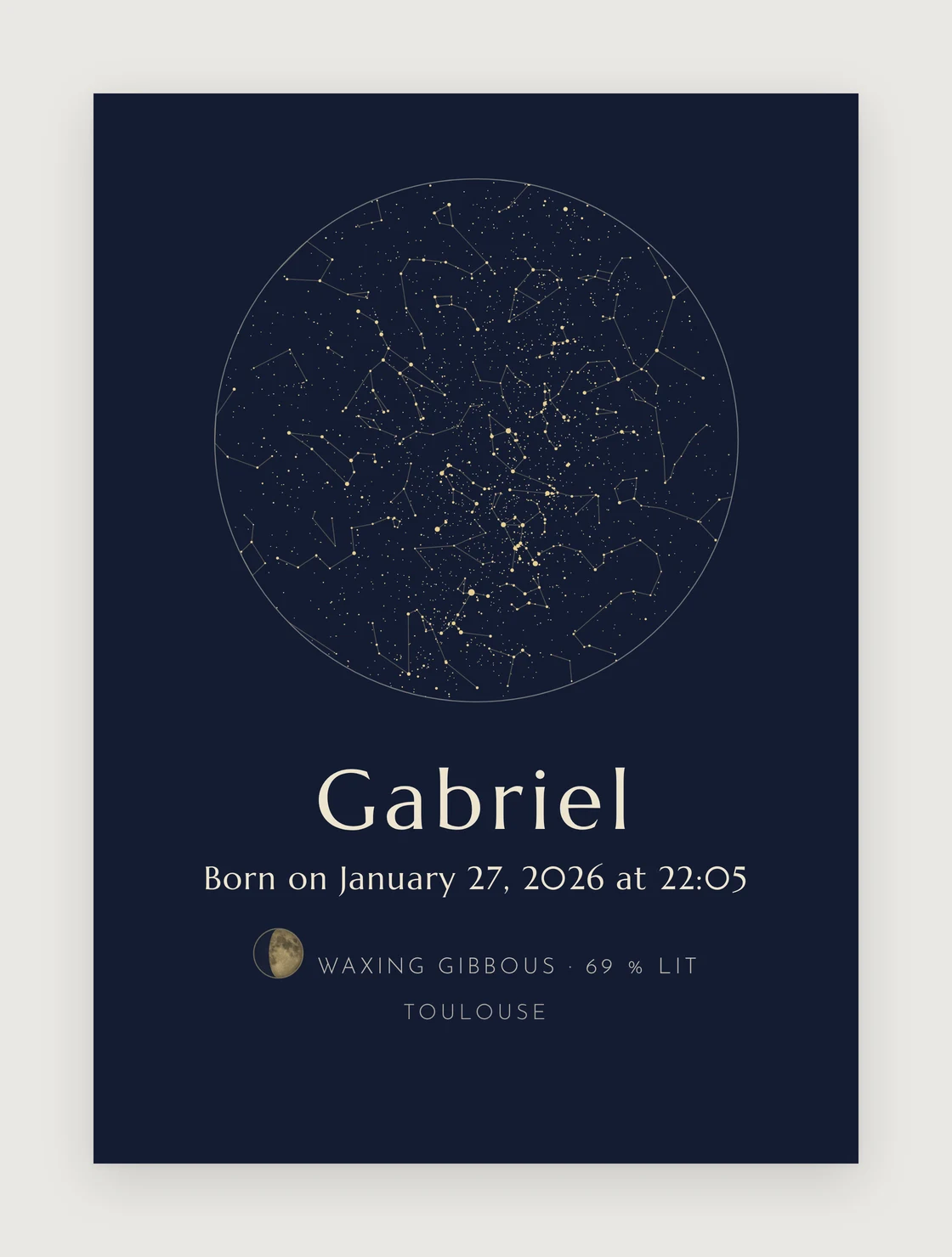 Star map birth poster in midnight blue: the disc of constellations above Toulouse, the name “Gabriel”, the date, the hour, and a photograph of the moon with its phase and illumination