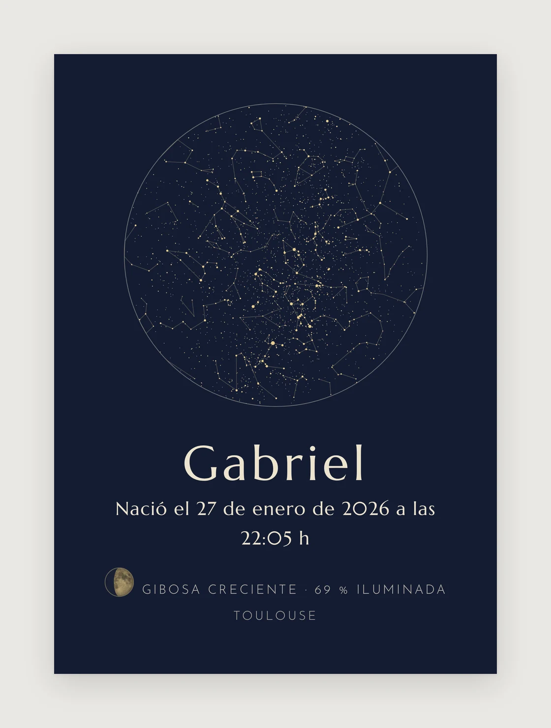 Lámina de nacimiento con cielo estrellado en azul noche: el disco de las constelaciones sobre Toulouse, el nombre «Gabriel», la fecha, la hora y la luna fotografiada con su fase y su iluminación