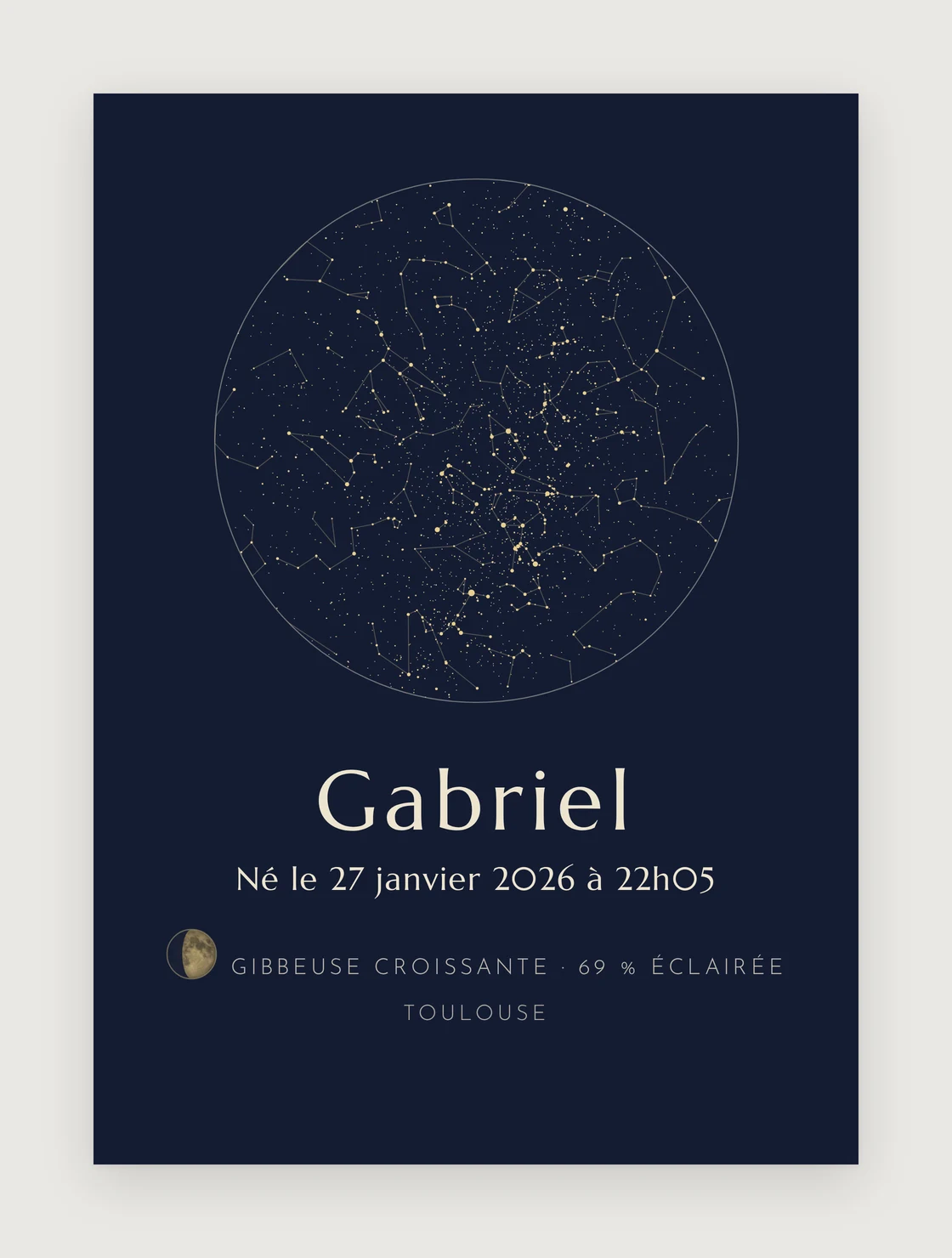 Affiche de naissance ciel étoilé, palette bleu nuit : le disque des constellations au-dessus de Toulouse, le prénom « Gabriel », la date, l’heure, et la lune photographiée avec le nom de sa phase et son éclairement