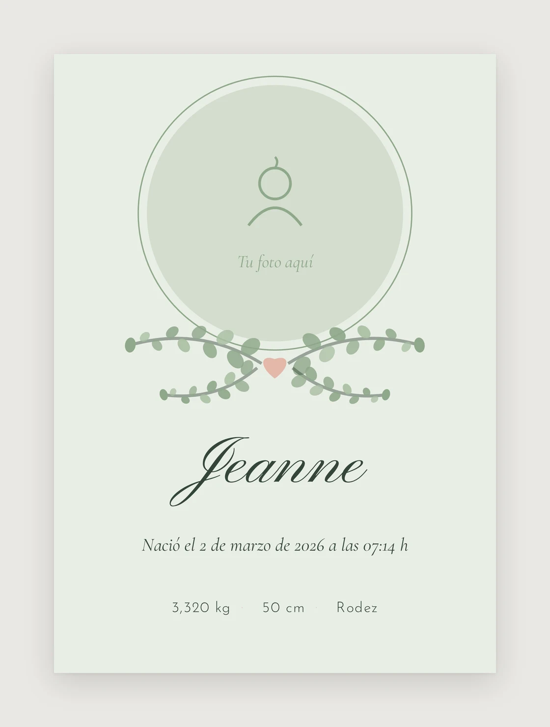Lámina de nacimiento modelo retrato en paleta salvia: un medallón redondo todavía vacío con la indicación «Tu foto aquí» y, debajo, el nombre «Jeanne», la fecha, la hora, el peso, la talla y el lugar