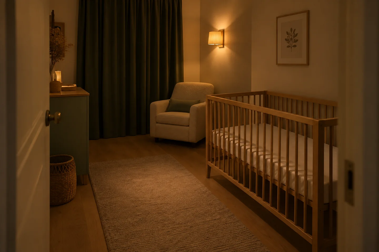 Chambre de bébé vue de nuit depuis la porte, éclairée par une applique chaude près du fauteuil, avec un passage dégagé jusqu’au lit vide