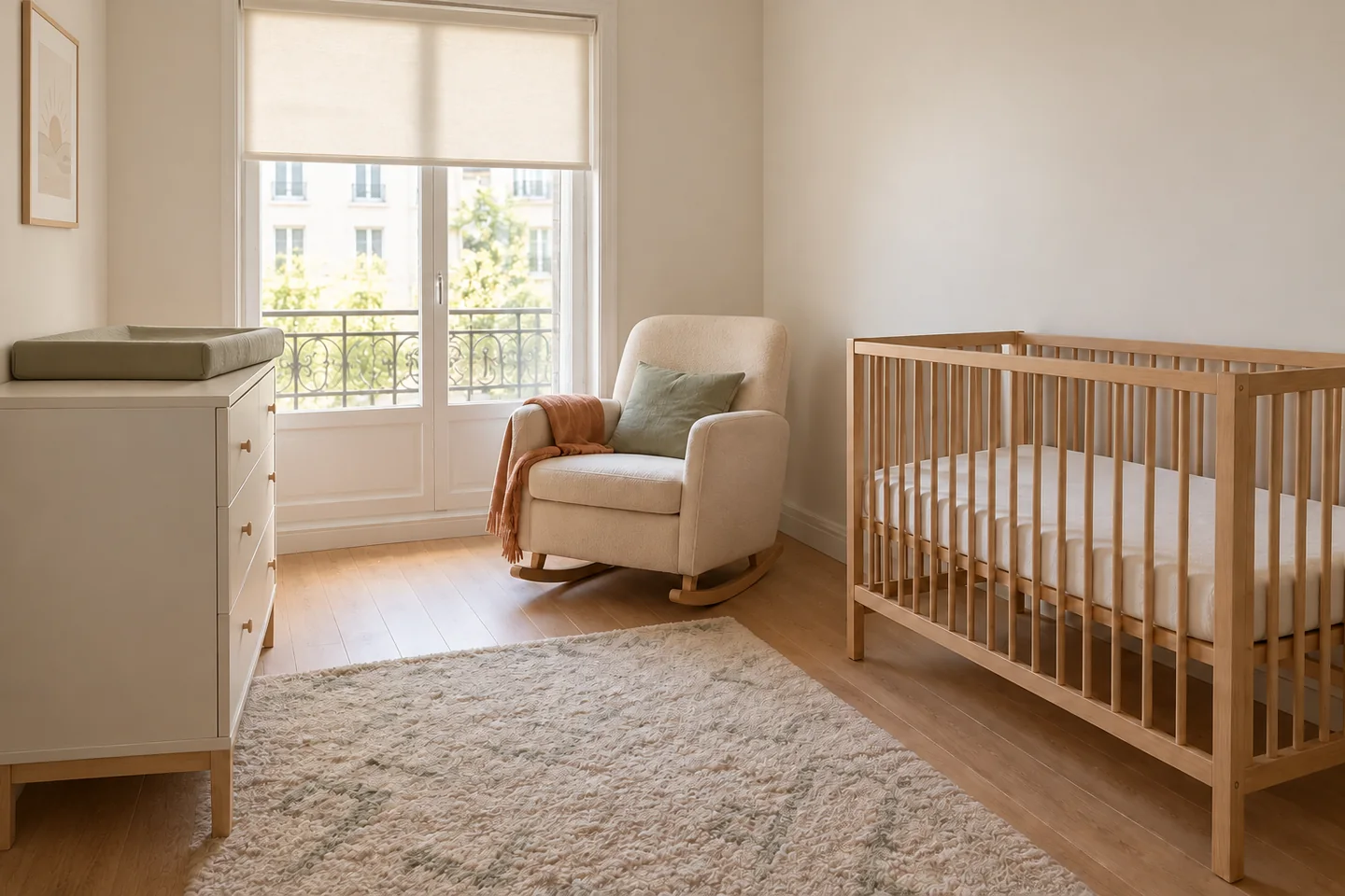 Chambre de bébé décorée en crème, bois clair, vert sauge et terre cuite, avec lit vide, fauteuil, commode et illustration murale