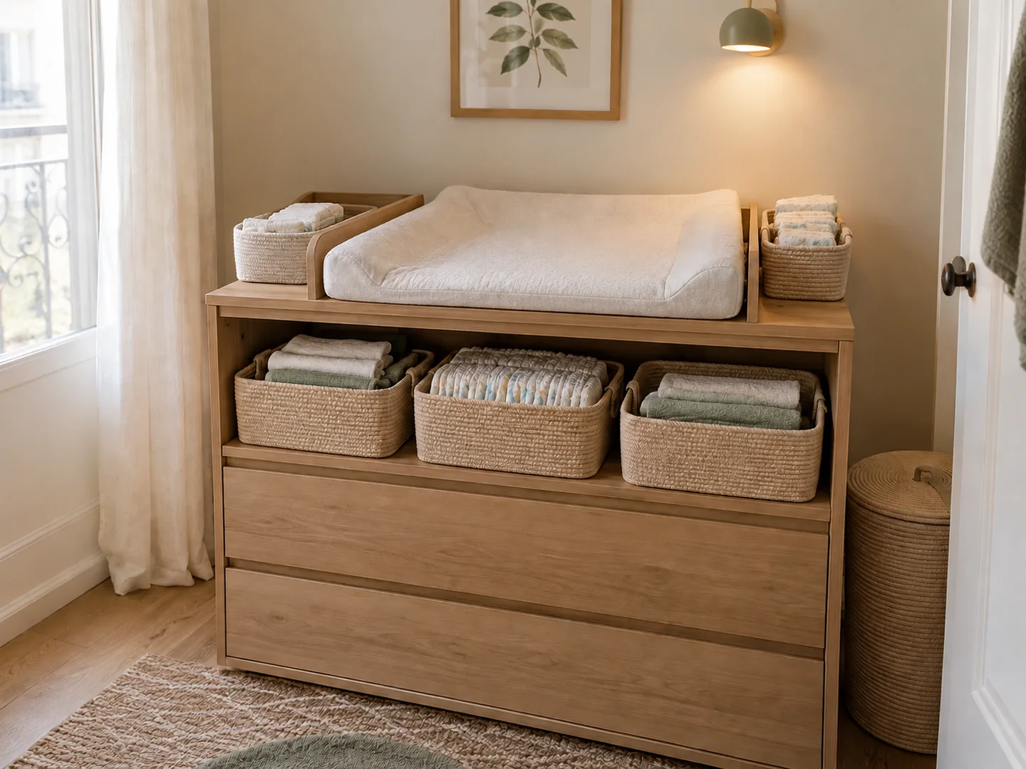 Coin change en bois clair avec matelas à langer, paniers de couches et de langes, tiroirs fermés et lumière murale douce