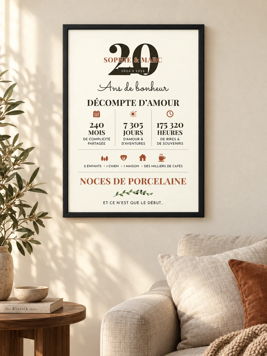 Affiche d’anniversaire de mariage en chiffres encadrée en noir dans un salon chaleureux