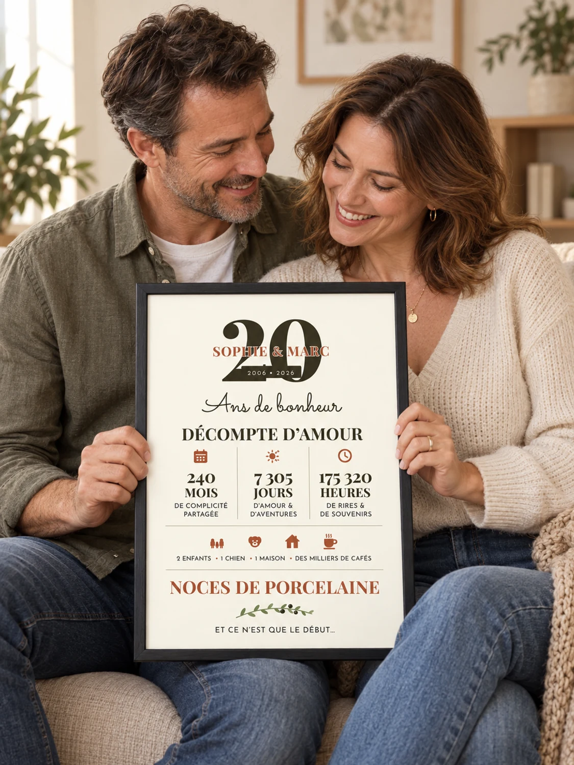 Couple tenant son affiche personnalisée de Noces de porcelaine dans un cadre noir