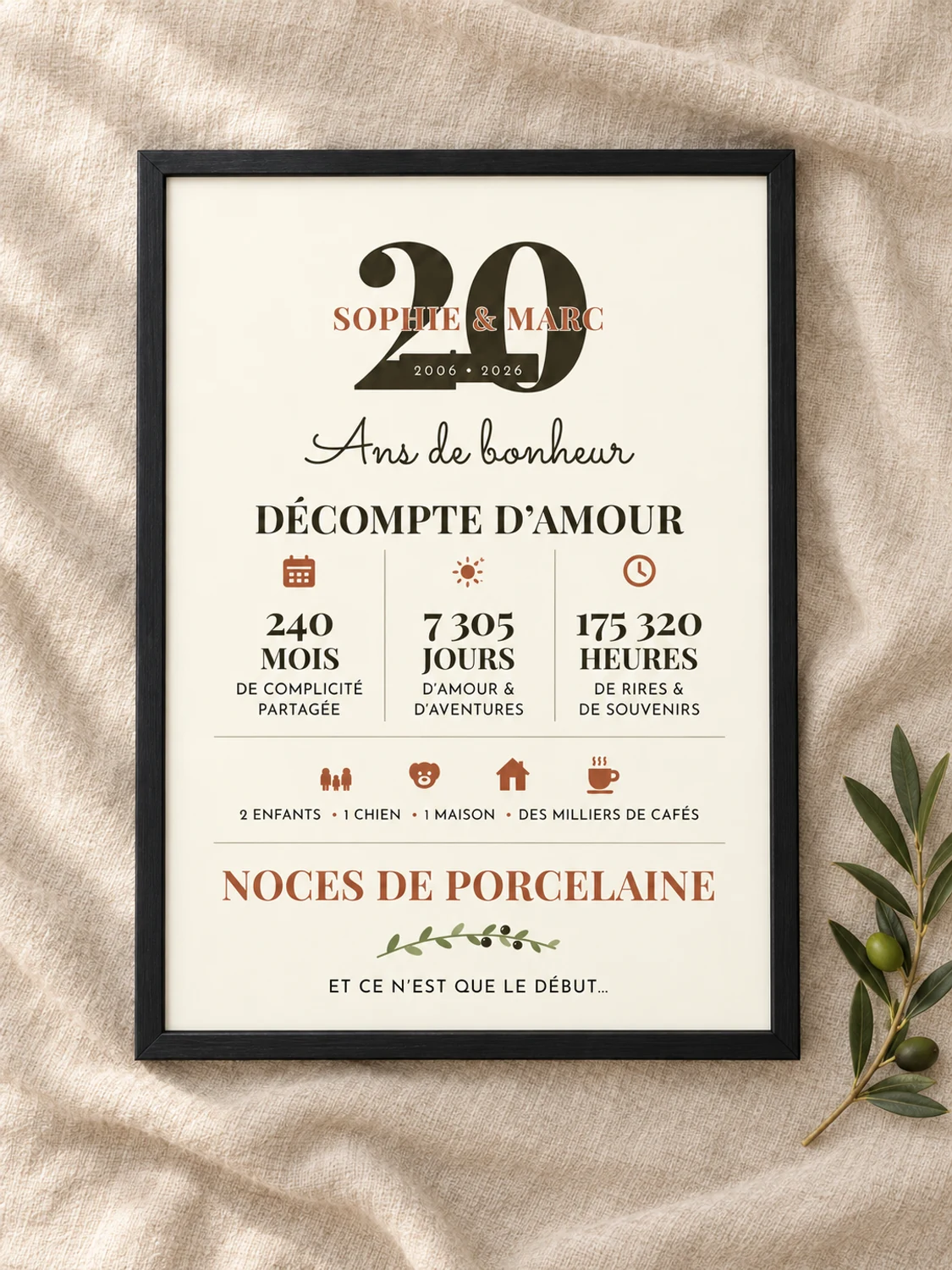 Affiche des Noces de porcelaine dans son cadre noir, posée à plat sur du lin avec un rameau d’olivier