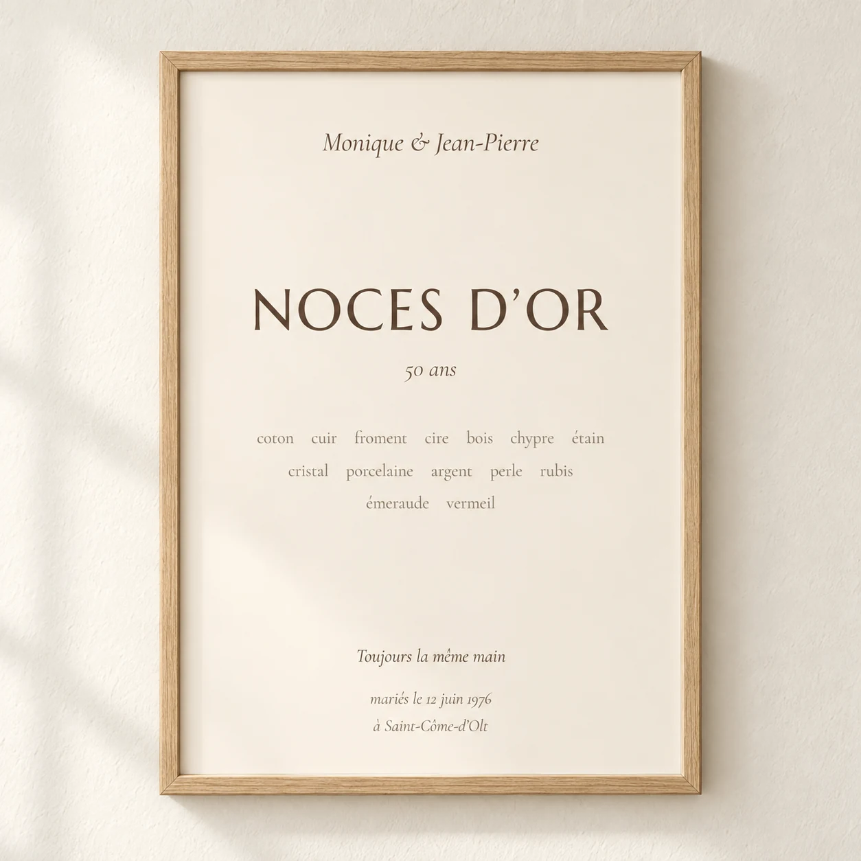 Affiche anniversaire de mariage personnalisée — noces d’or, d’argent, de bois