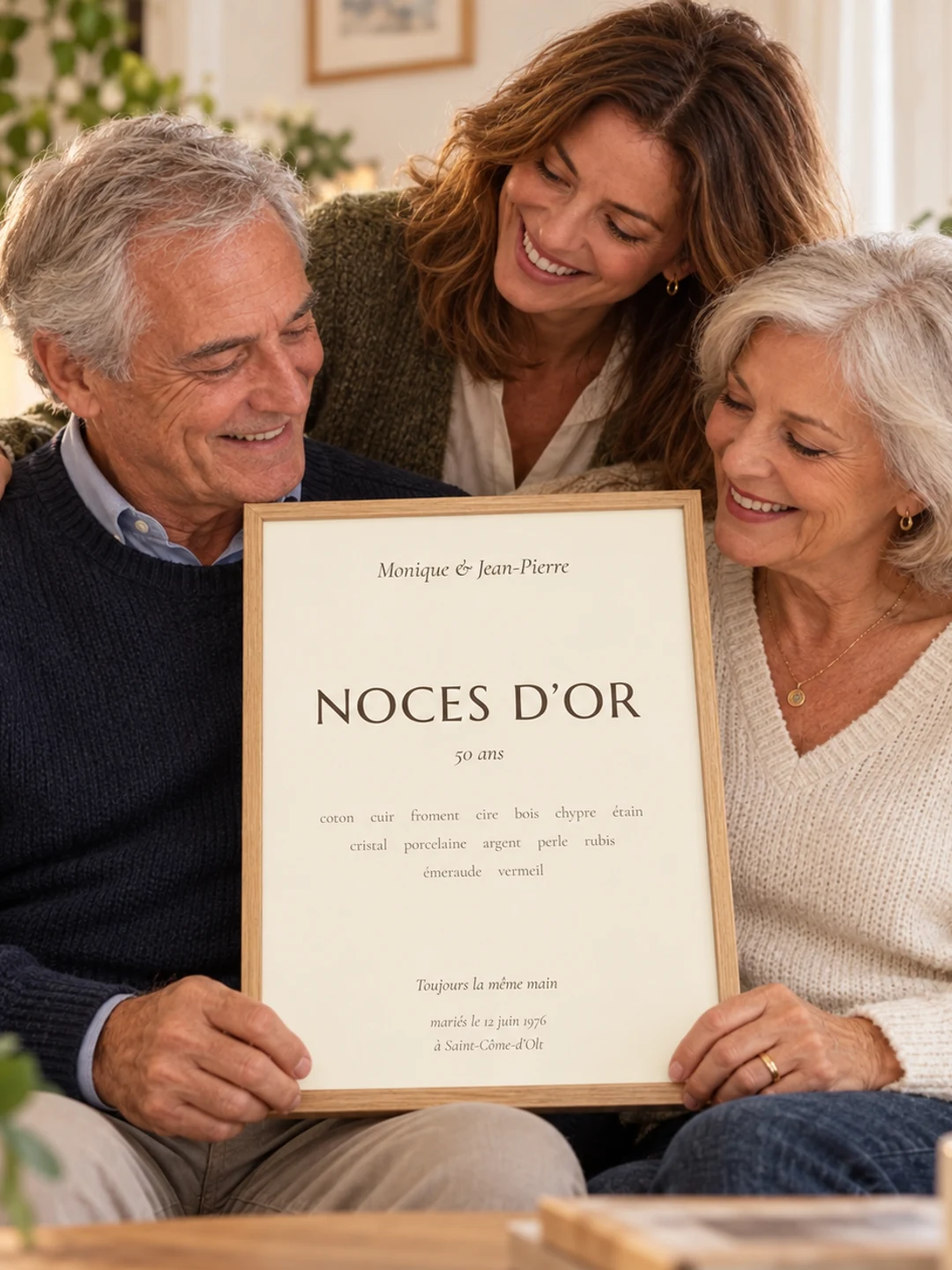 Couple recevant en famille son affiche personnalisée de Noces d’or dans un cadre en bois clair