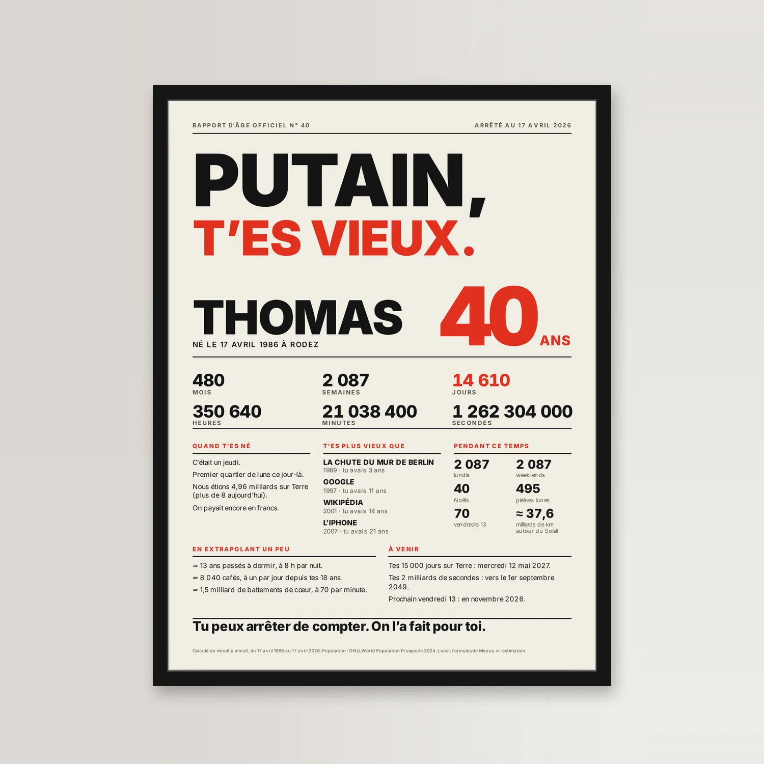 Affiche « Putain, t'es vieux » de Thomas, 40 ans, en crème, noir et rouge, dans un cadre noir fin sur un mur clair