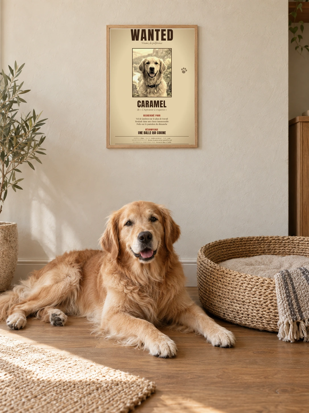 3:4 Wohnszene mit Caramels Wanted-Poster im Westernstil im naturfarbenen A4-Holzrahmen; der Golden Retriever liegt darunter neben seinem Körbchen.