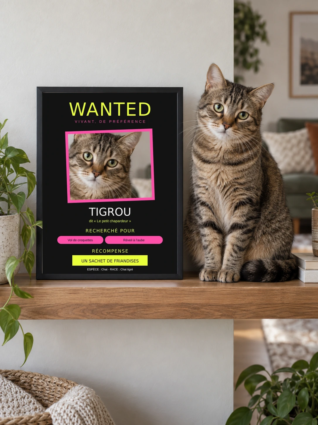 3:4 Wohnszene mit einem sitzenden getigerten Kater neben seinem Pop-Wanted-Poster im schmalen schwarzen Rahmen auf einem Regal; fiktive generierte Katze.