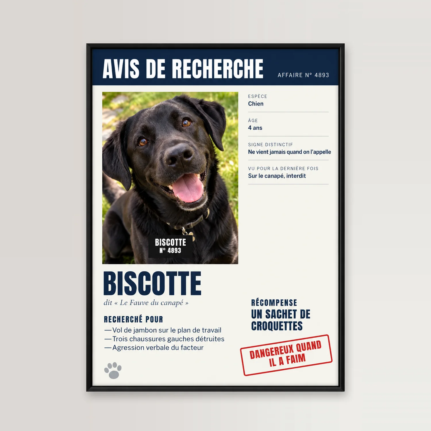 Affiche « Avis de recherche » dans un cadre noir : Biscotte, labrador noir, photo avec plaque d’identité, signalement, méfaits, récompense et tampon rouge « Dangereux quand il a faim »