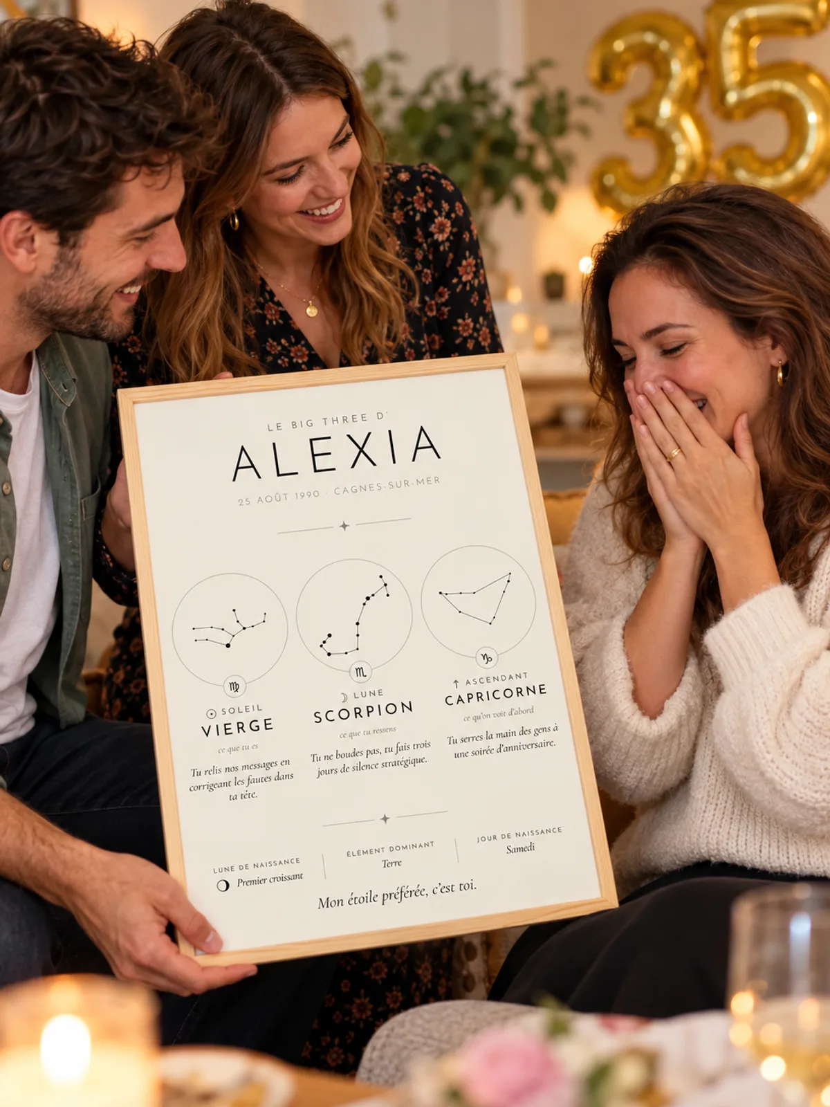 Three friends laughing at a birthday party with “35” balloons behind them, one holding Alexia’s Big Three poster in the Minimal cream and black style, in a natural wood frame, shown in the French version