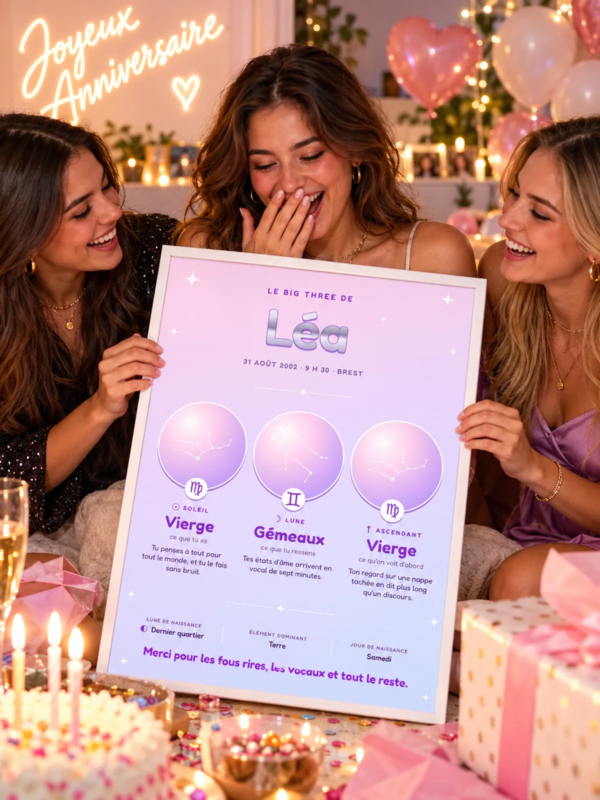 A young woman covers her mouth with both hands as her two friends hold up her pink and lilac Big Three poster in a white frame