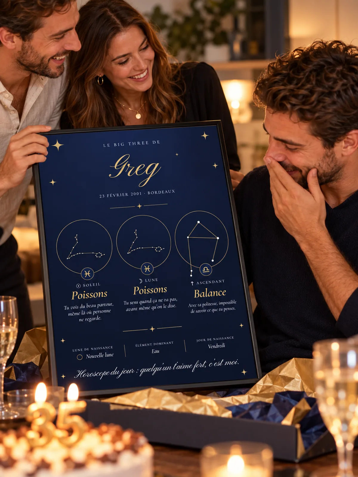 Greg laughs behind his hand as two friends show him his Big Three poster in the Cosmic midnight blue and gold style, in a black frame, next to a birthday cake, shown in the French version
