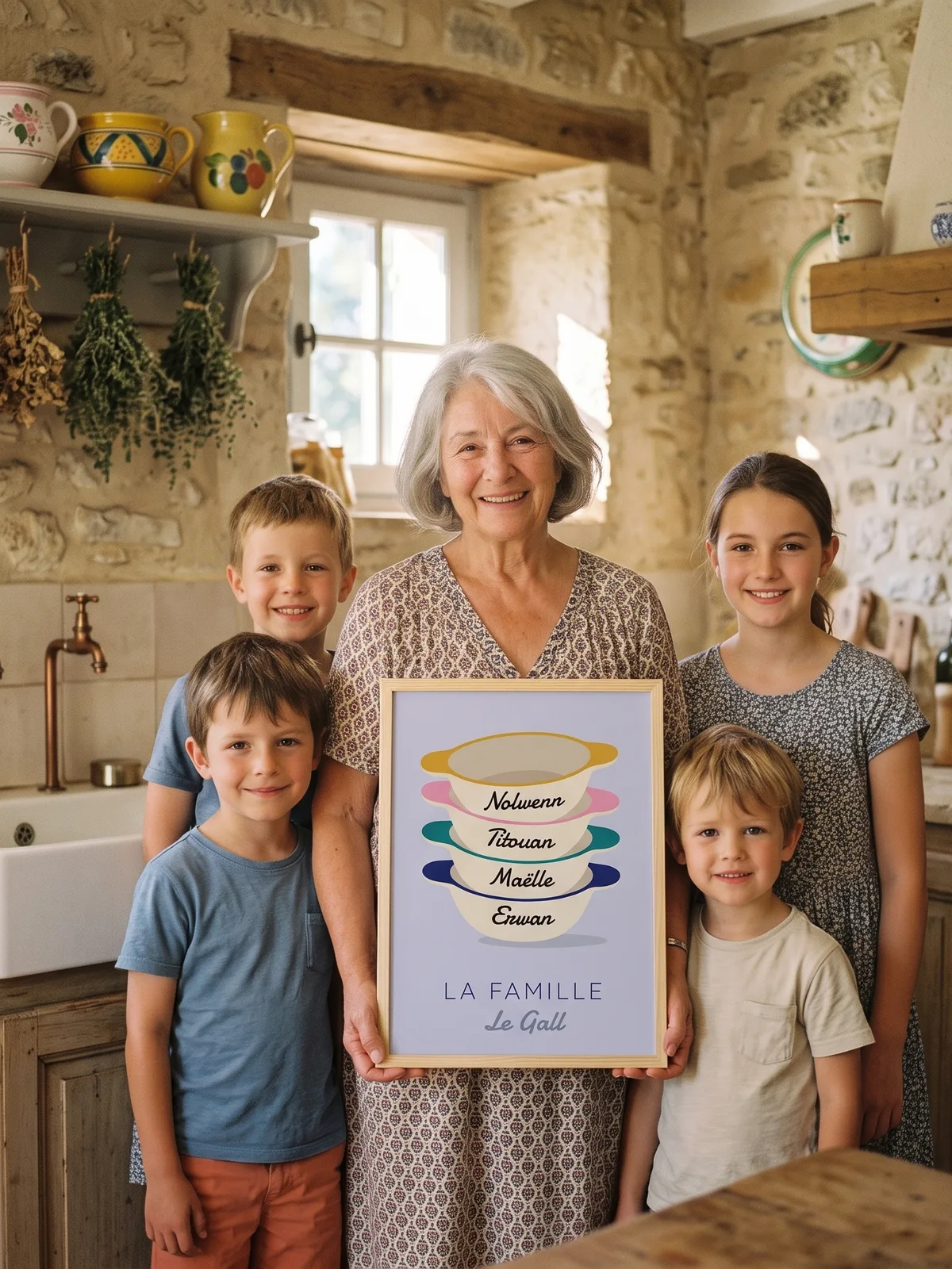 Une grand-mère entourée de ses quatre petits-enfants tient l’affiche des bols bretons à leurs prénoms, encadrée de bois, dans une cuisine en pierre
