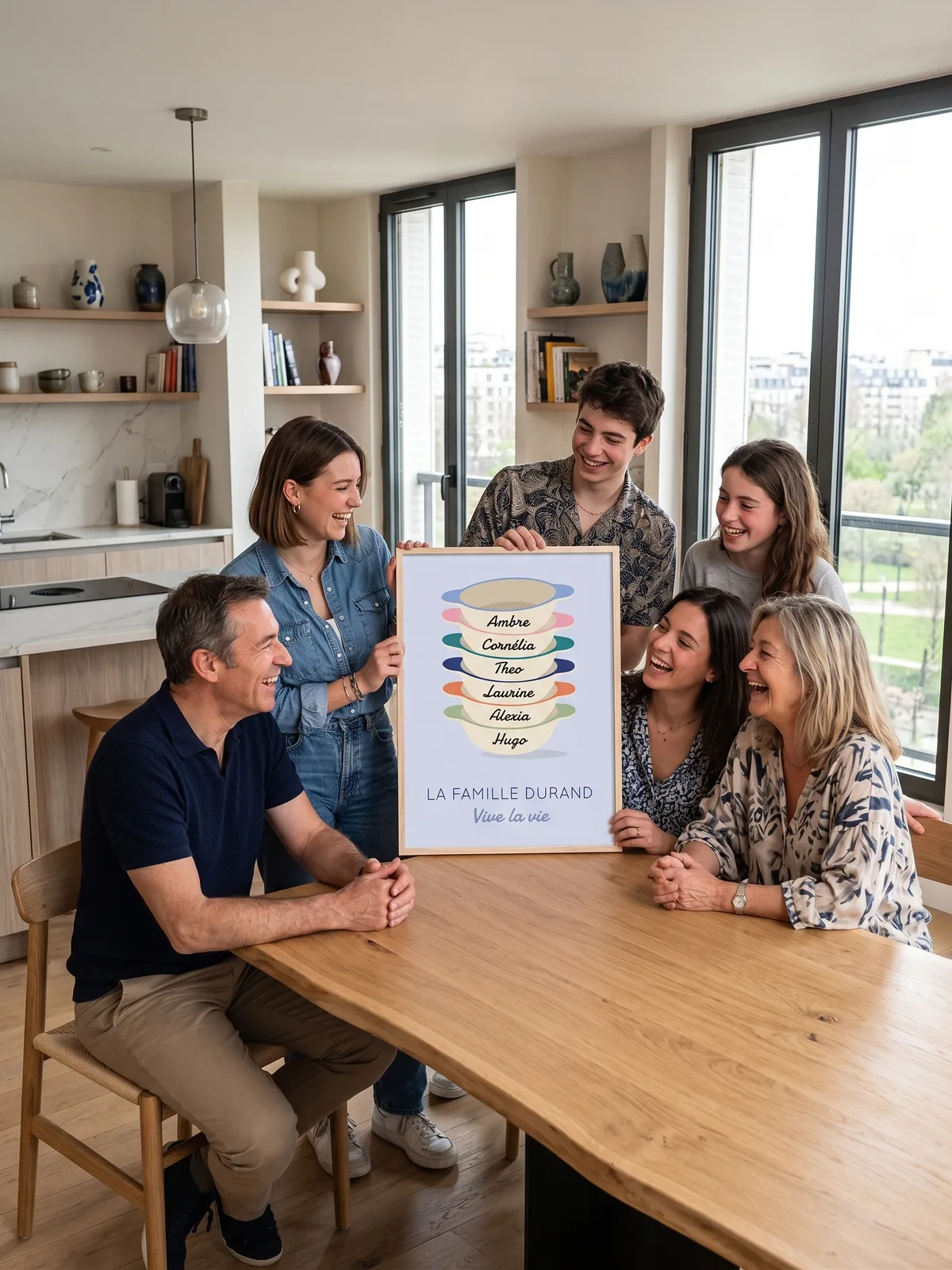 Une famille de six rit autour de la table en tenant l’affiche de six bols bretons « La famille Durand », encadrée de bois naturel