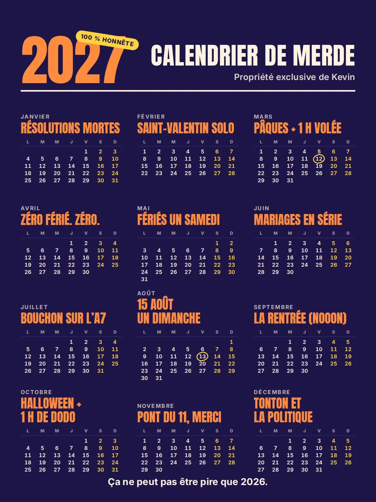 The 2027 calendar poster in the Midnight palette, orange on navy, shown in its French version with twelve renamed months and two circled dates