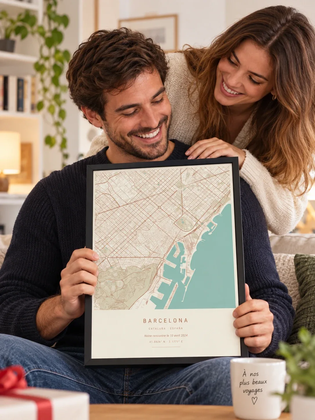 Un couple tient une affiche carte de ville de Barcelone encadrée de noir, dans un salon