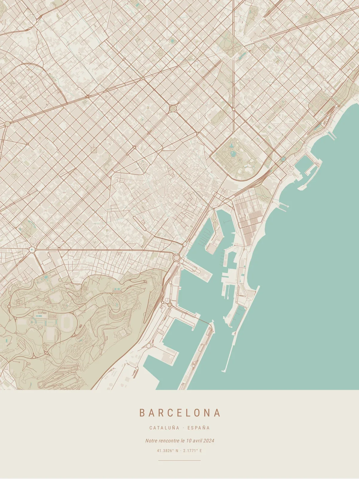 Affiche carte de ville de Barcelone à plat, style Atlas, avec titre et dédicace