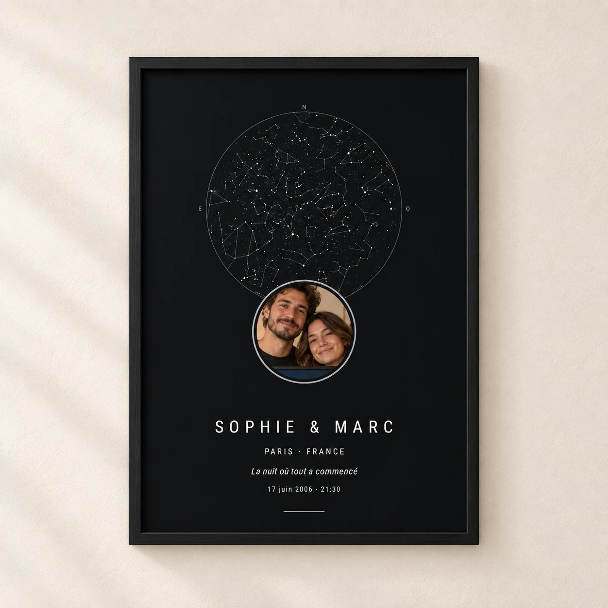 Affiche carte du ciel avec photo de Sophie et Marc, encadrée de noir contre un mur clair