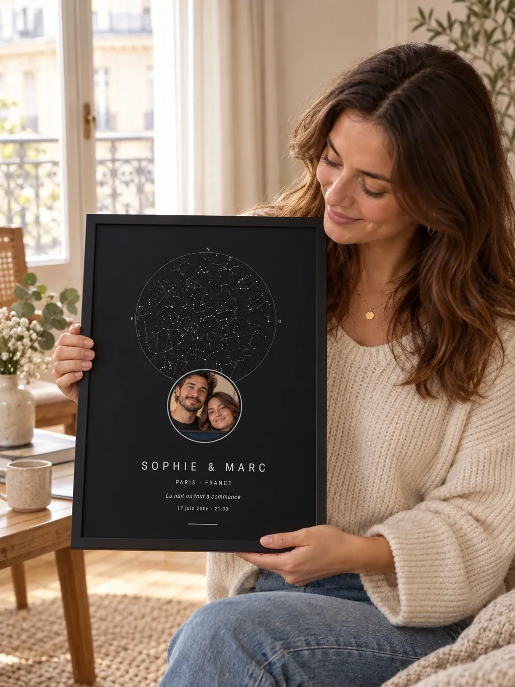 Une femme tient une affiche carte du ciel avec photo de Sophie et Marc encadrée de noir, dans un salon