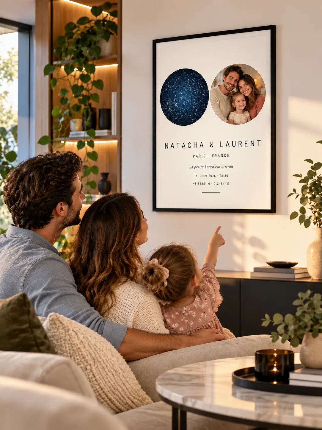 Affiche blanche encadrée de noir au mur d’un salon : un ciel étoilé et la photo ronde d’une famille, « Natacha & Laurent », « La petite Laura est arrivée » ; sur le canapé, une petite fille la montre du doigt à ses parents