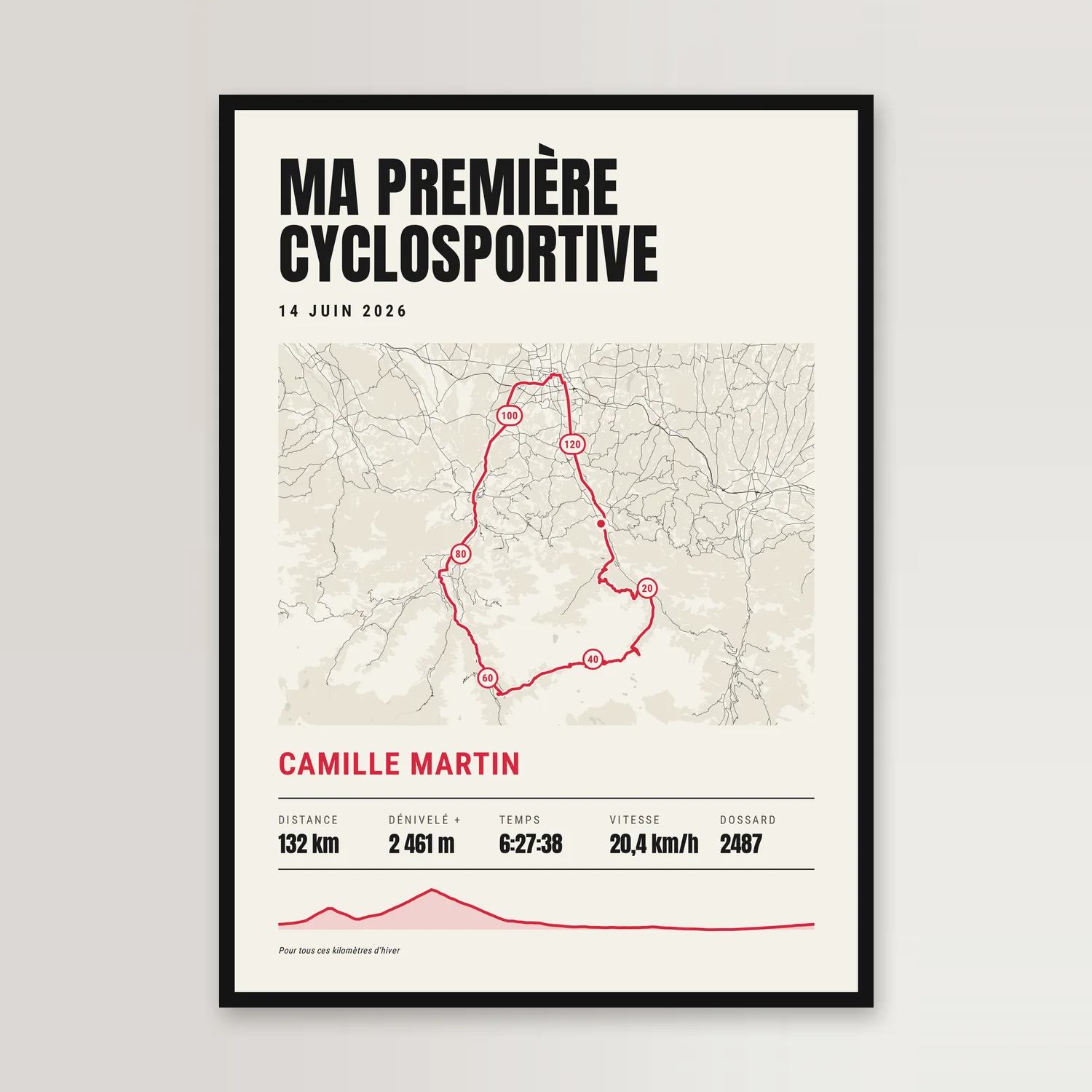 Cremefarbenes Poster in schwarzem Rahmen vor heller Wand: „Ma première cyclosportive“ in großen schwarzen Versalien, 14. Juni 2026, die rote Strecke einer 132-km-Runde in den Pyrenäen mit einer Markierung alle 20 km, „Camille Martin“ in Rot, 132 km, 2.461 Höhenmeter, 6:27:38, 20,4 km/h, Startnummer 2487 und das Höhenprofil, in der französischen Fassung gezeigt