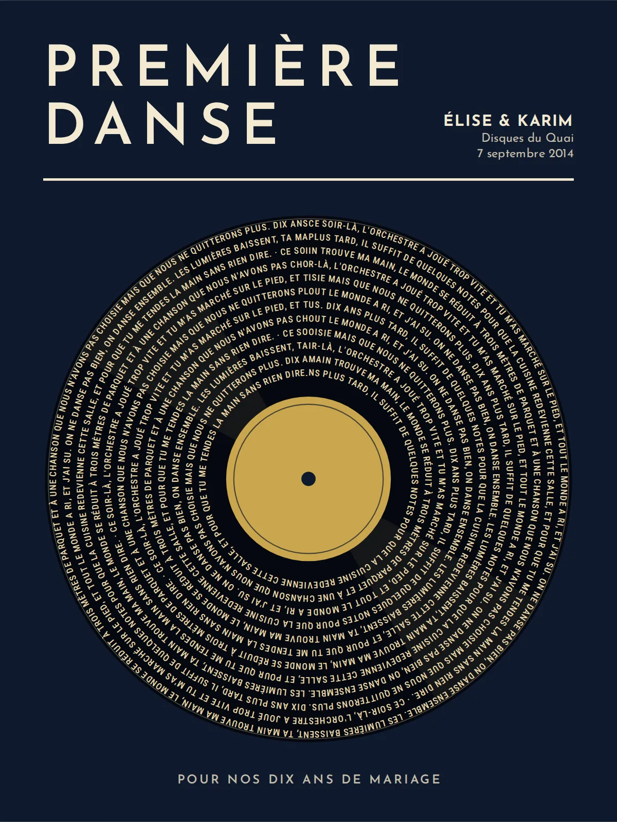 Lámina de disco de vinilo azul noche: título «Première danse» en mayúsculas espaciadas, Élise & Karim, disco negro con surcos de texto dorado pálido y etiqueta dorada (se muestra en la versión francesa)