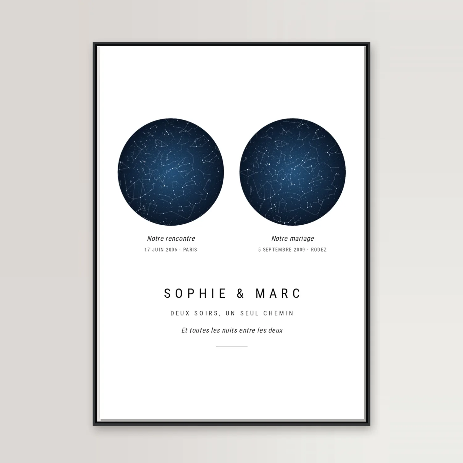 Weißes Poster mit zwei nachtblauen Sternenhimmeln, „Sophie & Marc“, „Deux soirs, un seul chemin“, im schwarzen Rahmen an heller Wand, in der französischen Fassung gezeigt