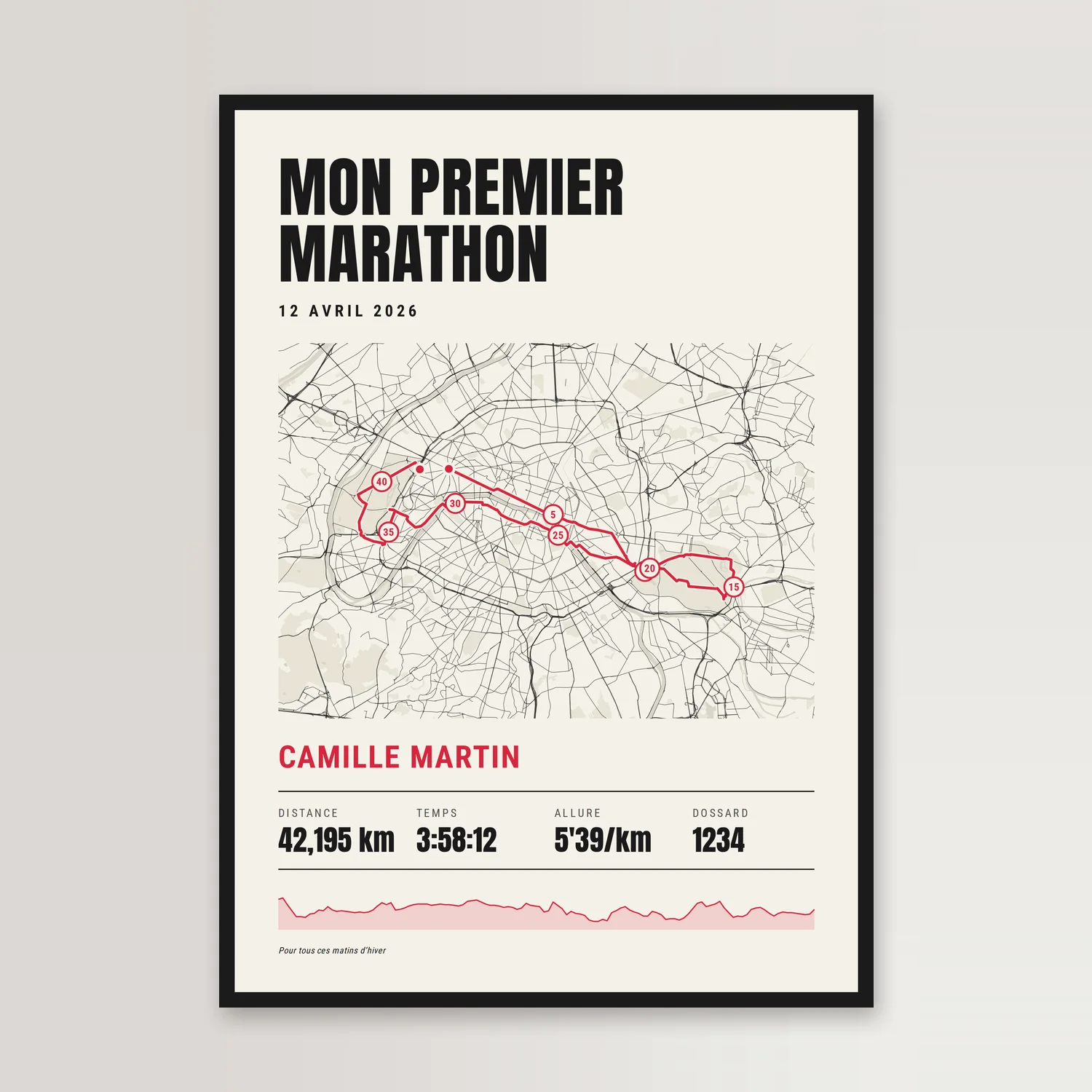 Affiche crème dans un cadre noir, sur un mur clair : « Mon premier marathon » en grandes capitales noires, le 12 avril 2026, le tracé rouge d’un marathon dans Paris avec ses bornes de 5 en 5 km, « Camille Martin » en rouge, 42,195 km, 3:58:12, 5'39/km, dossard 1234 et le profil de la course