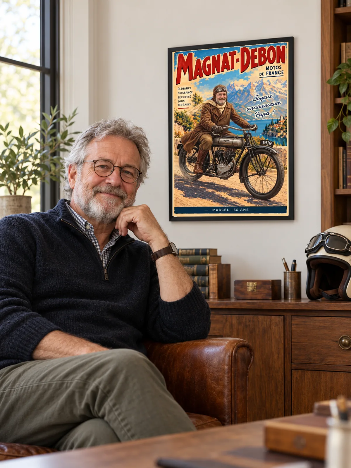 Dans un salon, l’affiche de moto ancienne avec Marcel est accrochée au mur dans un cadre noir fin près de un homme âgé.