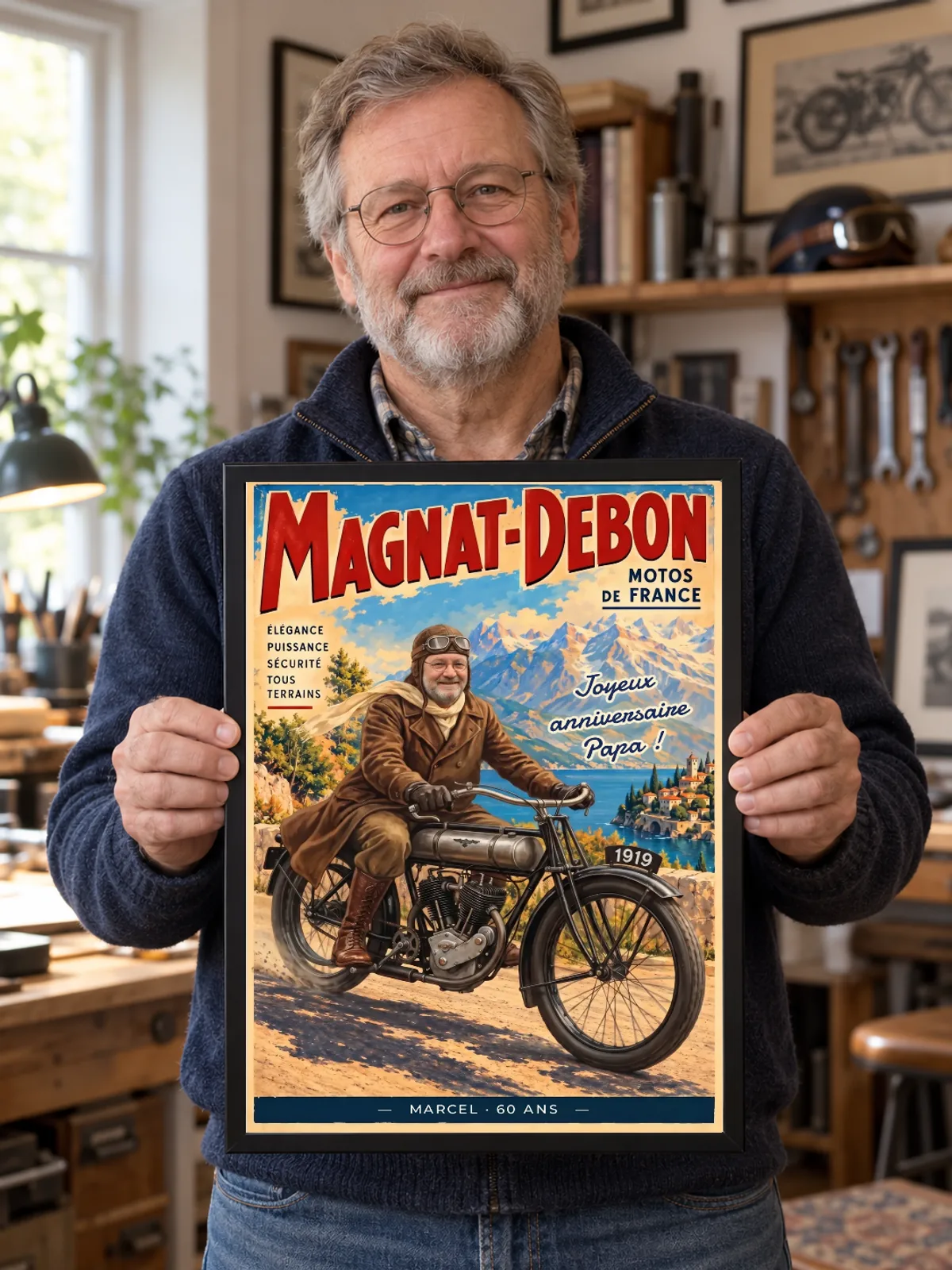 Dans un atelier, un homme âgé tient l’affiche de moto ancienne avec Marcel dans un cadre noir fin.