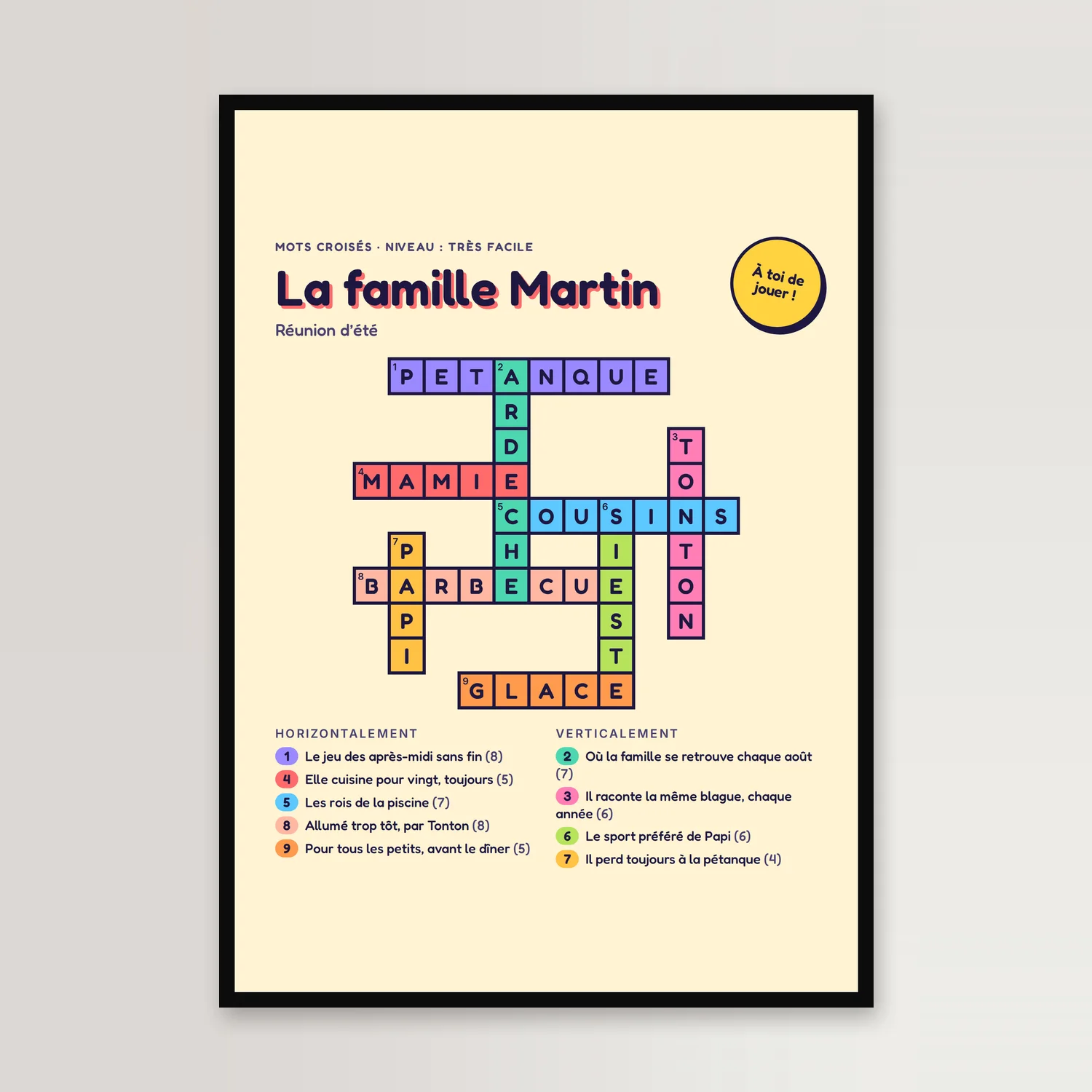 Affiche mots croisés dans un cadre noir sur un mur clair : fond crème, titre « La famille Martin », grille de neuf mots dont chacun a sa couleur — violet, vert menthe, rose, rouge, bleu ciel, orange —, lettres PETANQUE, ARDECHE, TONTON et BARBECUE écrites dans les cases, et les définitions rangées dessous