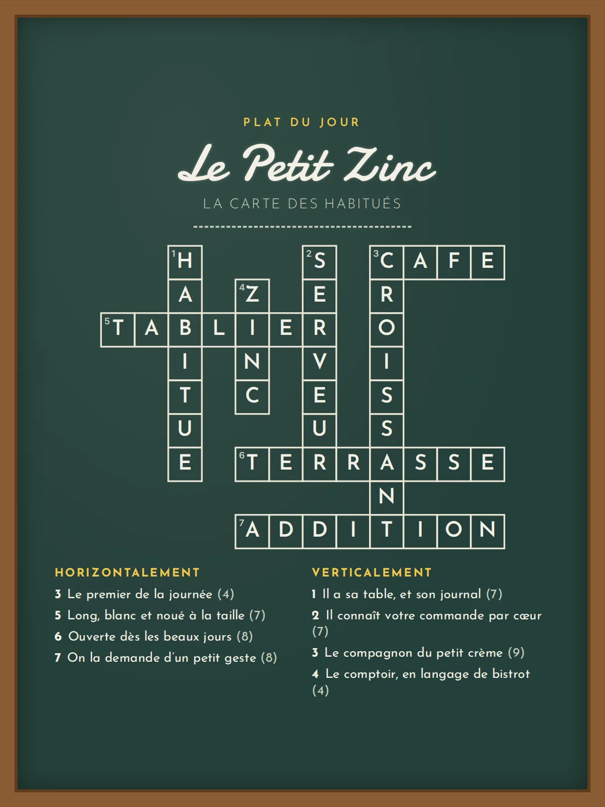 Affiche mots croisés à la craie sur un tableau vert encadré de bois : « Le Petit Zinc — La carte des habitués », grille de huit mots dont TABLIER, TERRASSE, ADDITION et CROISSANT, lettres blanches dans des cases au trait fin, et les définitions « Horizontalement » et « Verticalement » dessous