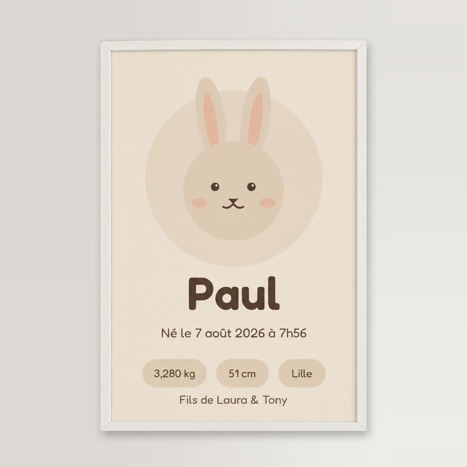 Affiche de naissance animal, un lapin dessiné, prénom Paul, date, poids et taille, dans un cadre blanc