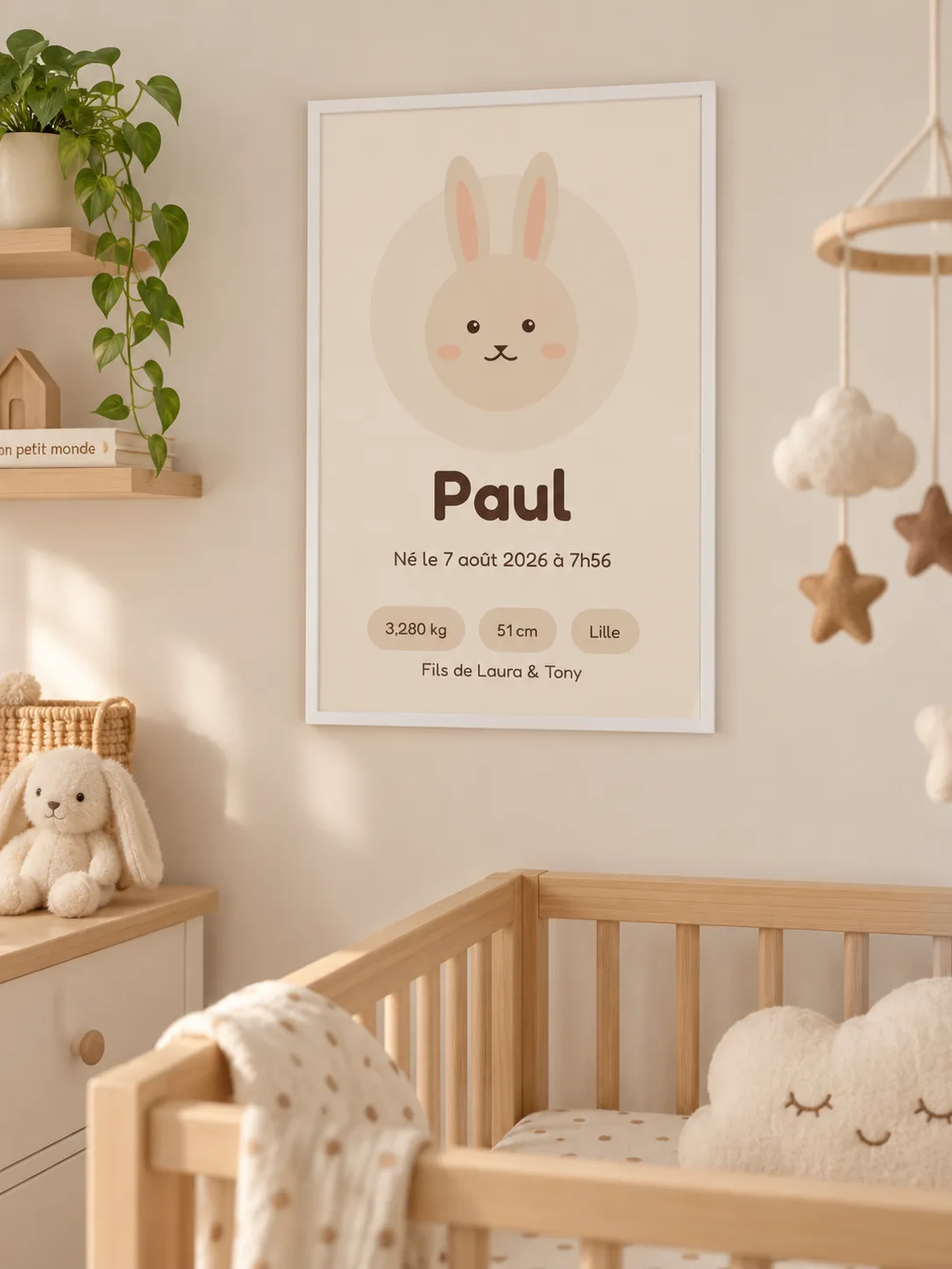 Affiche de naissance au lapin encadrée de blanc au mur d’une chambre de bébé, au-dessus d’un lit à barreaux