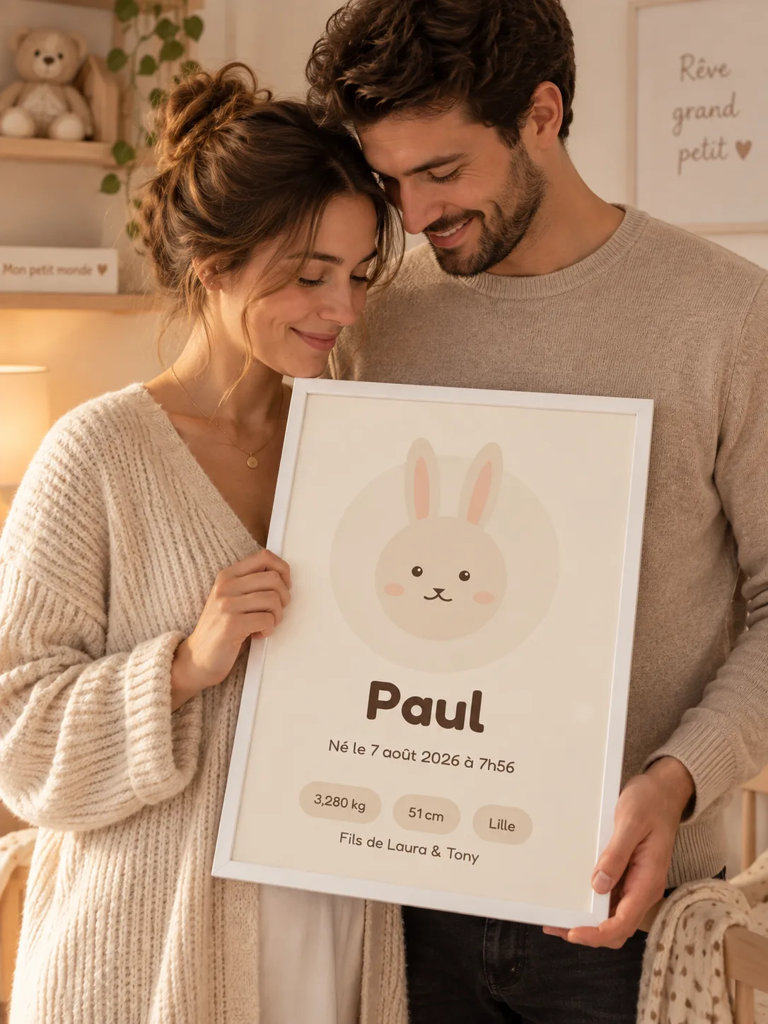 Des parents tiennent l’affiche de naissance au lapin de leur fils, cadre blanc, dans la chambre du bébé