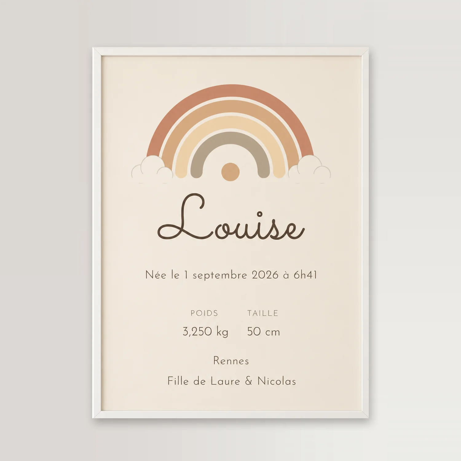 Affiche de naissance arc-en-ciel, prénom Louise calligraphié, date, poids et taille, dans un cadre blanc