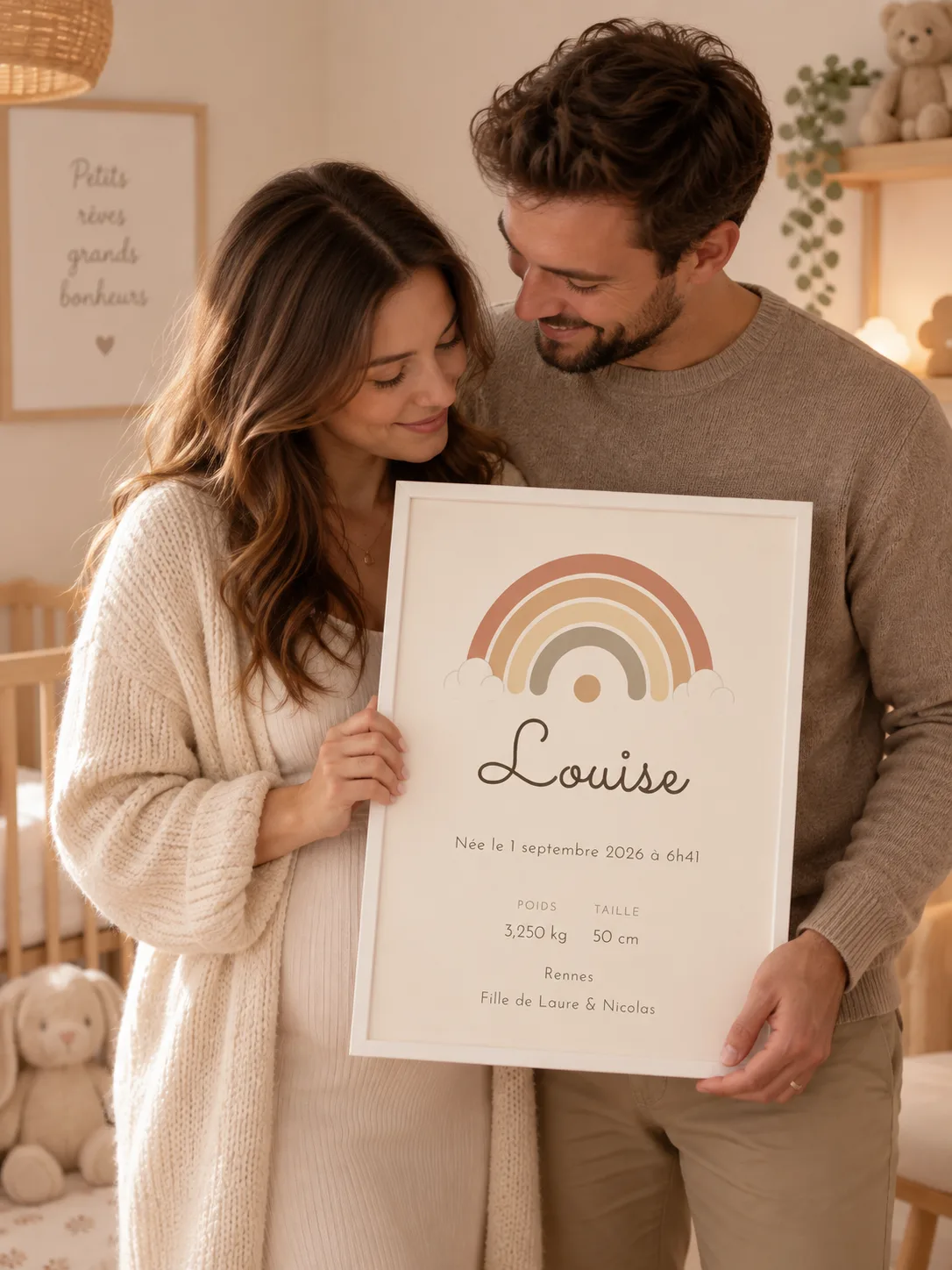 Des parents tiennent l’affiche de naissance arc-en-ciel de leur fille, cadre blanc, dans la chambre du bébé