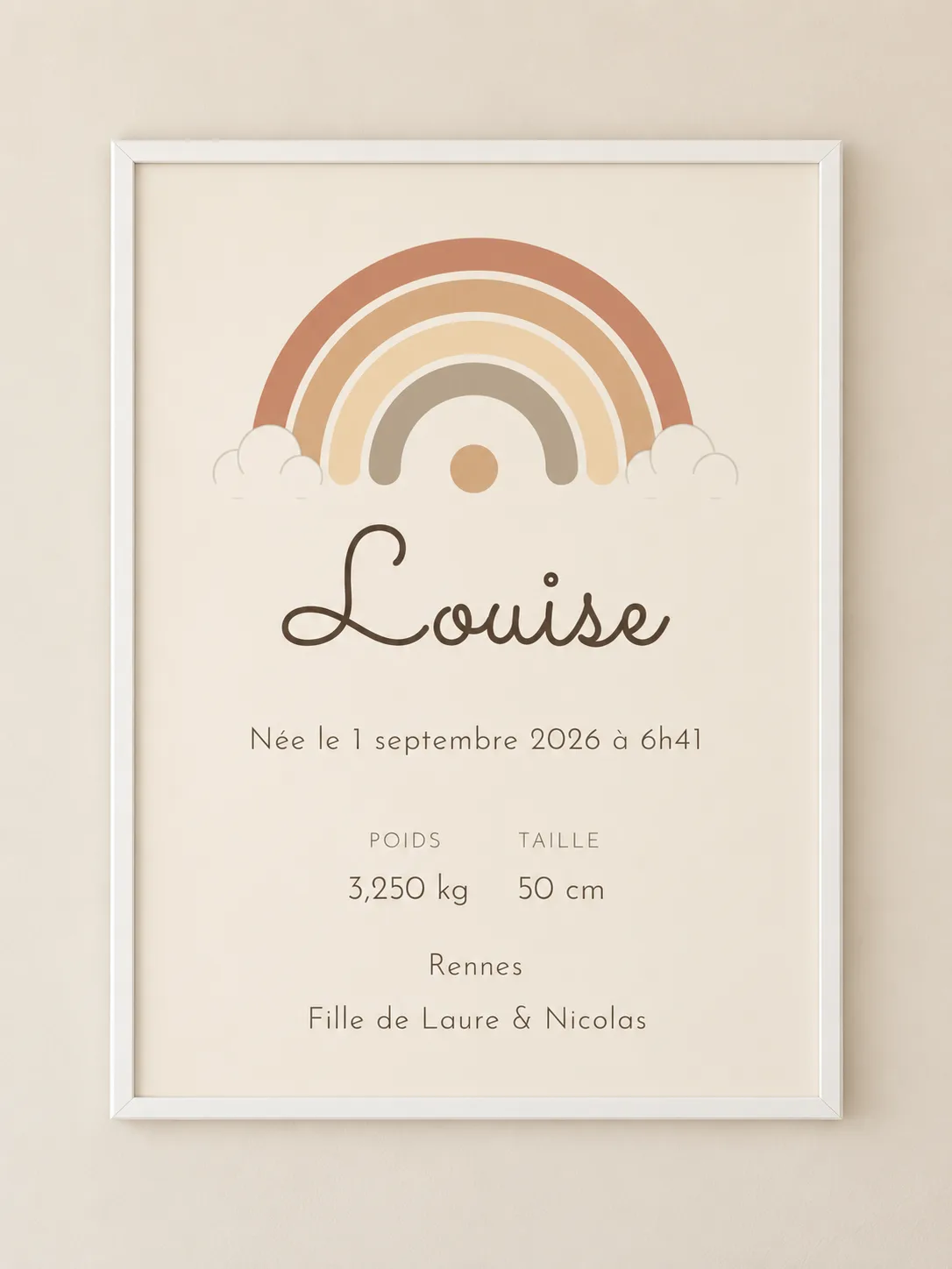 Affiche de naissance arc-en-ciel à plat : arc pastel, prénom calligraphié, date, heure, poids, taille et ville