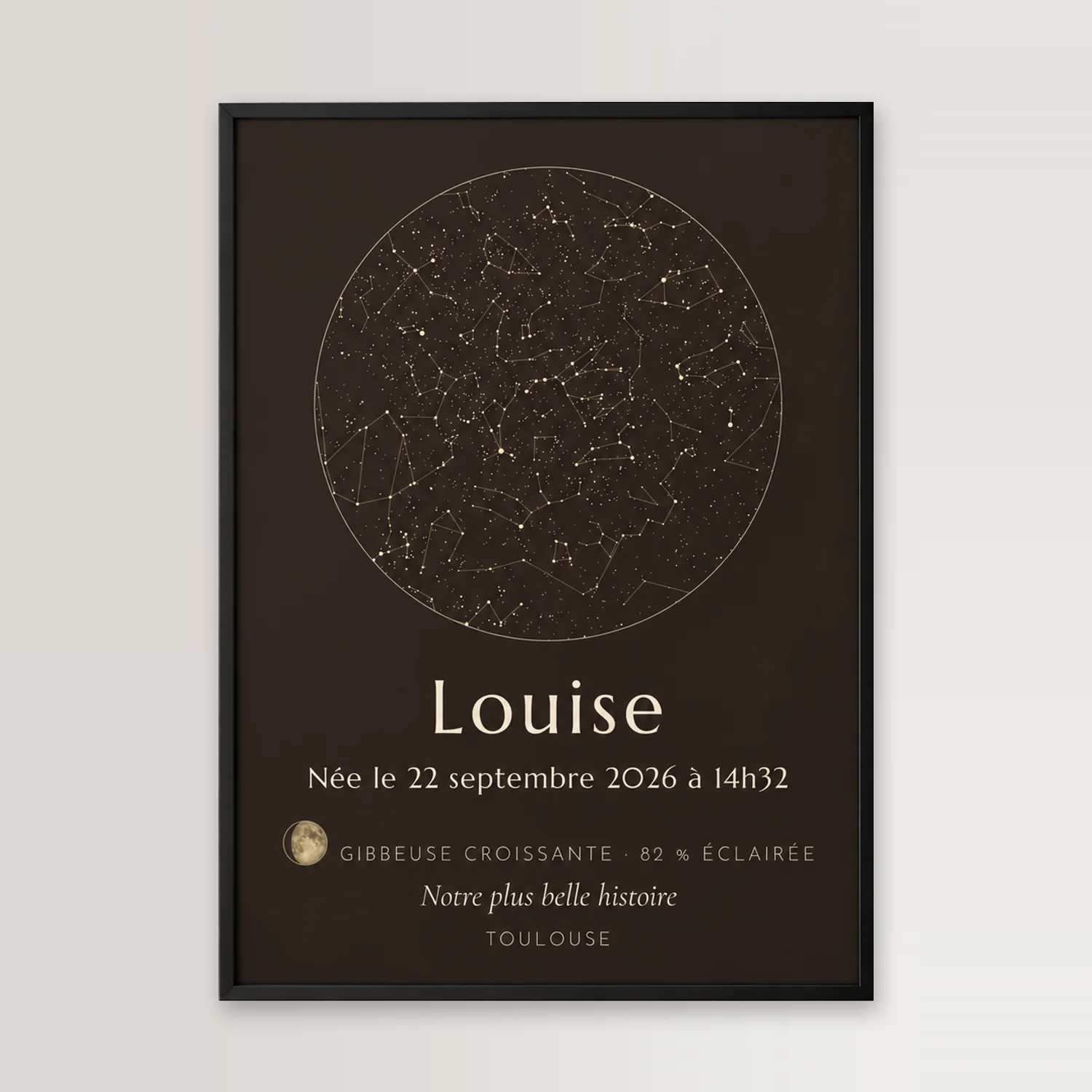Affiche de naissance ciel étoilé, les constellations de la nuit du 22 septembre 2026 au-dessus de Toulouse, cadre noir