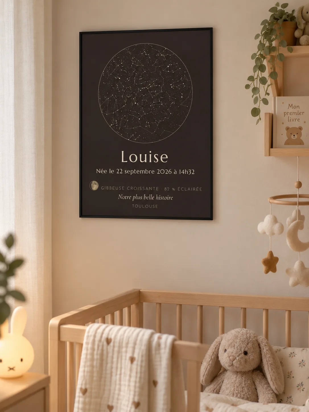 Affiche de naissance ciel étoilé encadrée de noir au mur d’une chambre de bébé, au-dessus d’un lit à barreaux