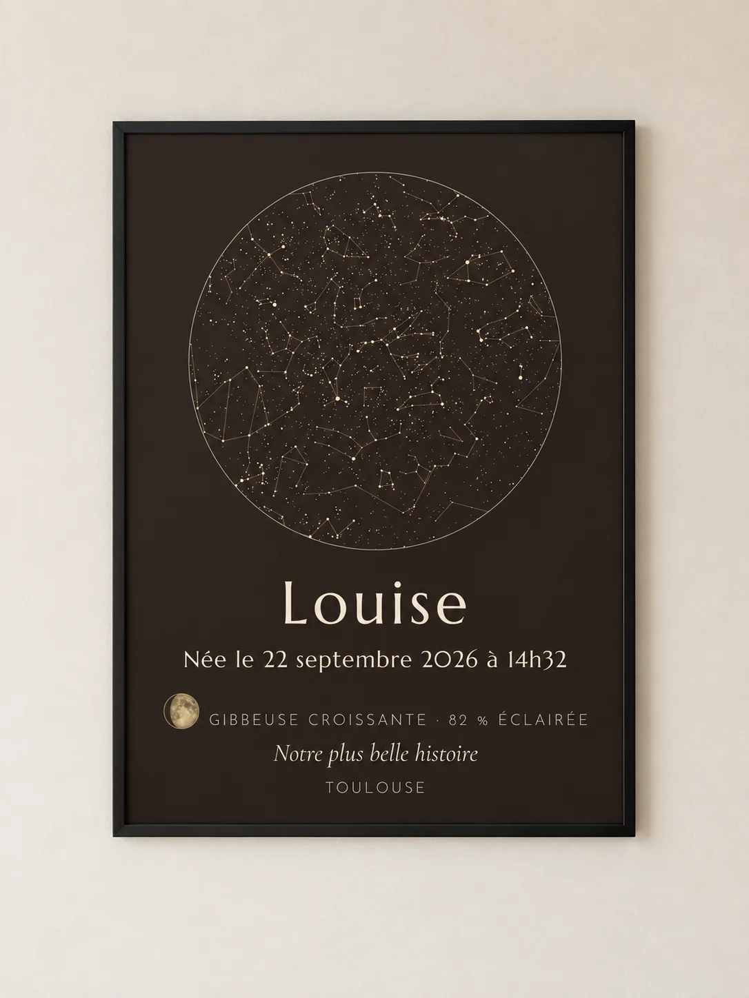 Affiche de naissance ciel étoilé à plat : carte du ciel, prénom, date, heure, phase de lune et lieu, cadre noir